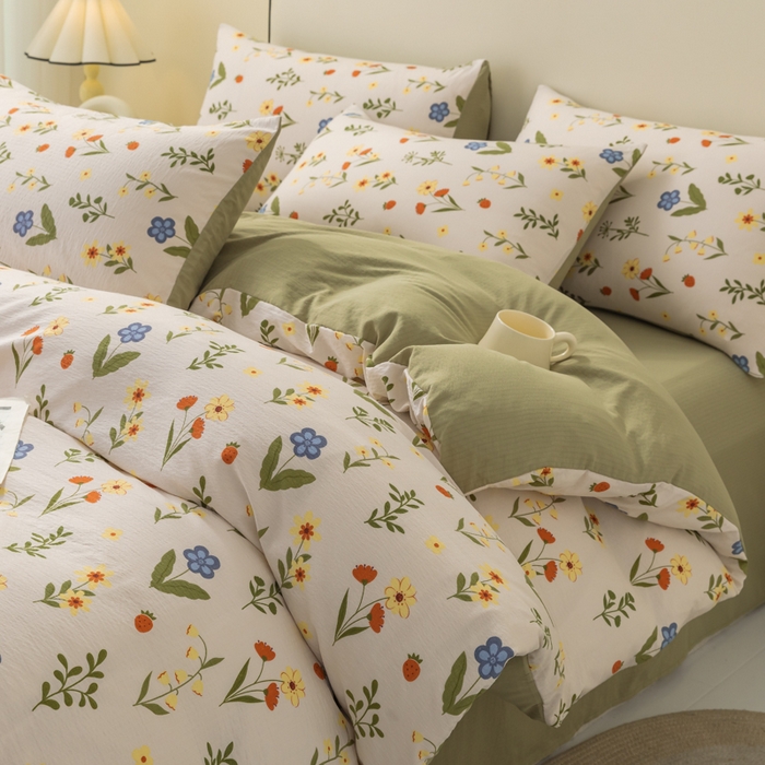 91家纺网 家纺一手货源 找家纺 铭浩家纺 2026春夏新款云感双层皱皱纱四件套 花野闲趣