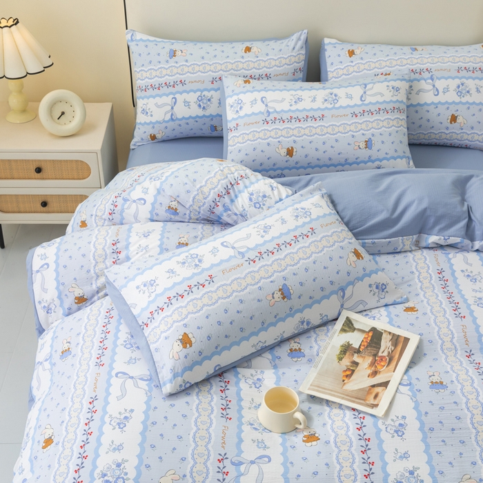 91家纺网 家纺一手货源 找家纺 铭浩家纺 2026春夏新款云感双层皱皱纱四件套 花兔信笺