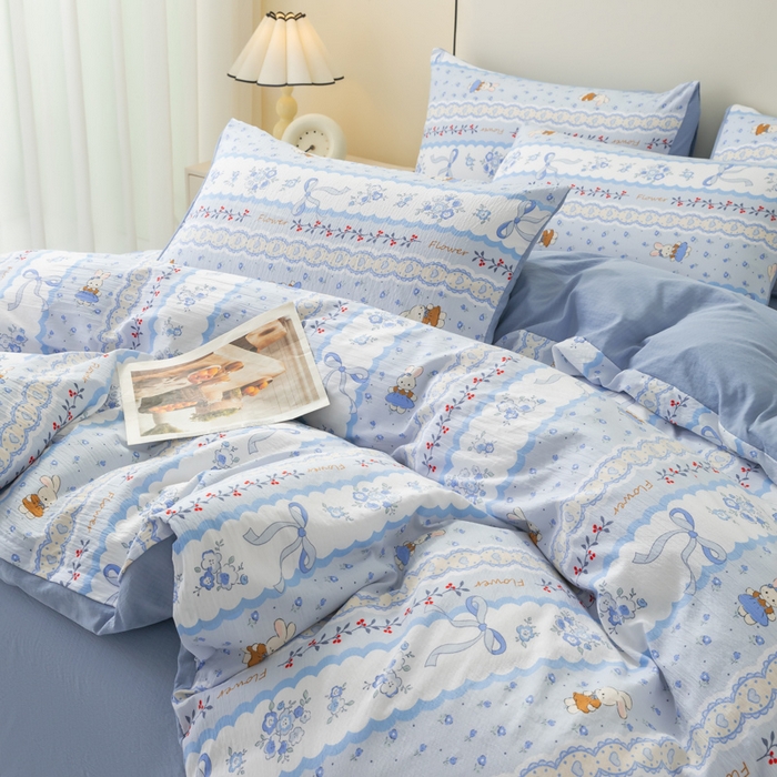 91家纺网 家纺一手货源 找家纺 铭浩家纺 2026春夏新款云感双层皱皱纱四件套 花兔信笺