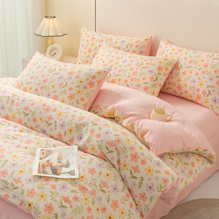 91家纺网 家纺一手货源 找家纺 铭浩家纺 2026春夏新款云感双层皱皱纱四件套 春日花野