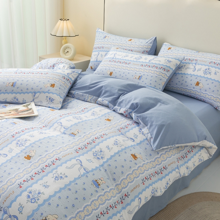 91家纺网 家纺一手货源 找家纺 铭浩家纺 2026春夏新款云感双层皱皱纱四件套 花兔信笺