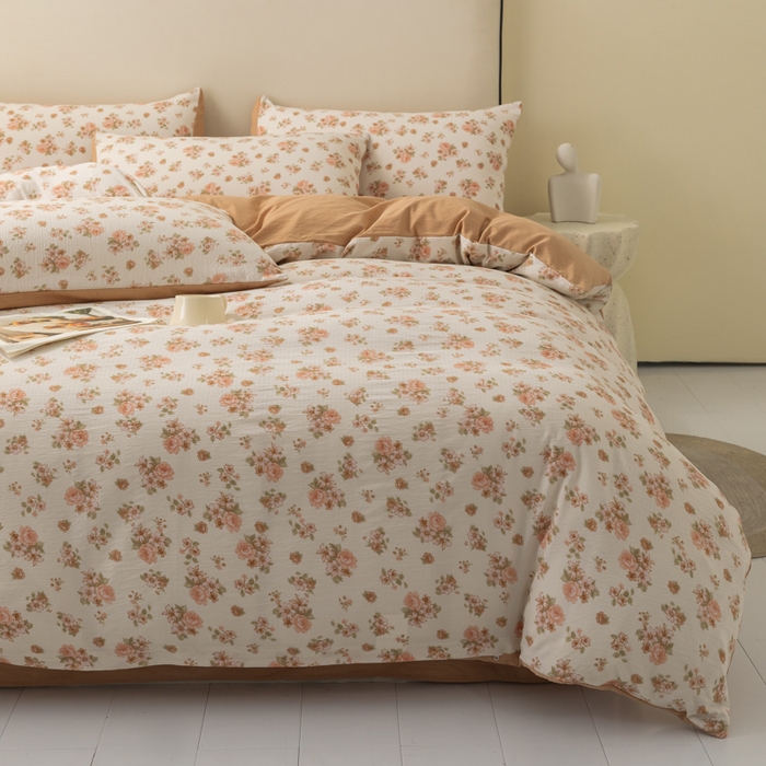 91家纺网 家纺一手货源 找家纺 铭浩家纺 2026春夏新款云感双层皱皱纱四件套 杏影花踪