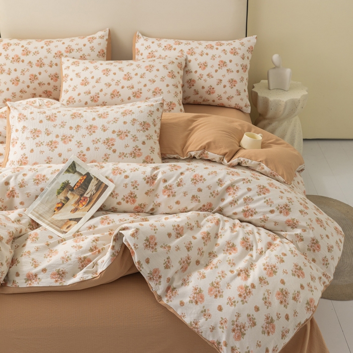 91家纺网 家纺一手货源 找家纺 铭浩家纺 2026春夏新款云感双层皱皱纱四件套 杏影花踪