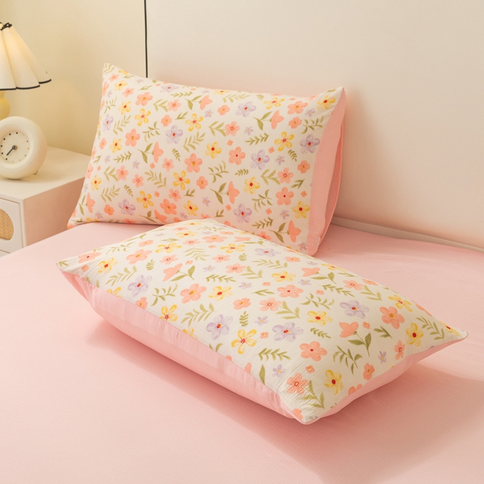 91家纺网 家纺一手货源 找家纺 铭浩家纺 2026春夏新款云感双层皱皱纱四件套 春日花野