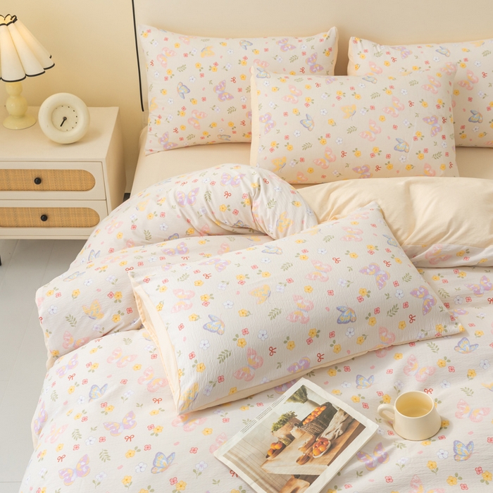 91家纺网 家纺一手货源 找家纺 铭浩家纺 2026春夏新款云感双层皱皱纱四件套 花间鲽语