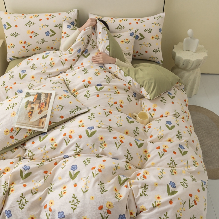 91家纺网 家纺一手货源 找家纺 铭浩家纺 2026春夏新款云感双层皱皱纱四件套 花野闲趣