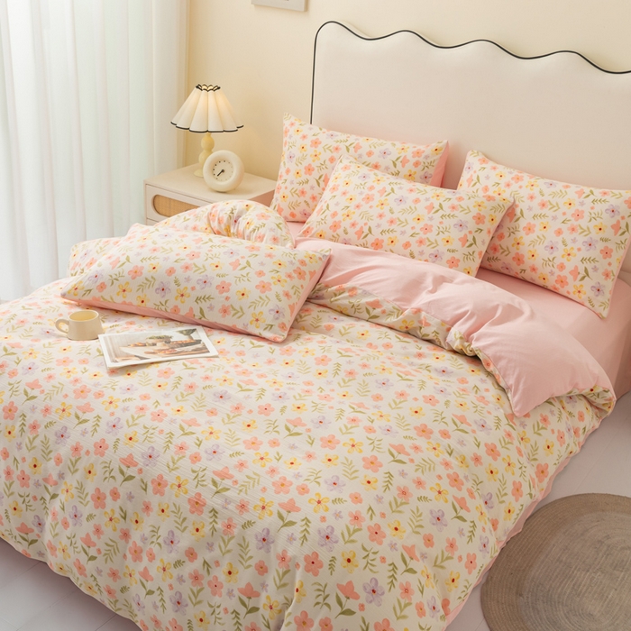 91家纺网 家纺一手货源 找家纺 铭浩家纺 2026春夏新款云感双层皱皱纱四件套 春日花野