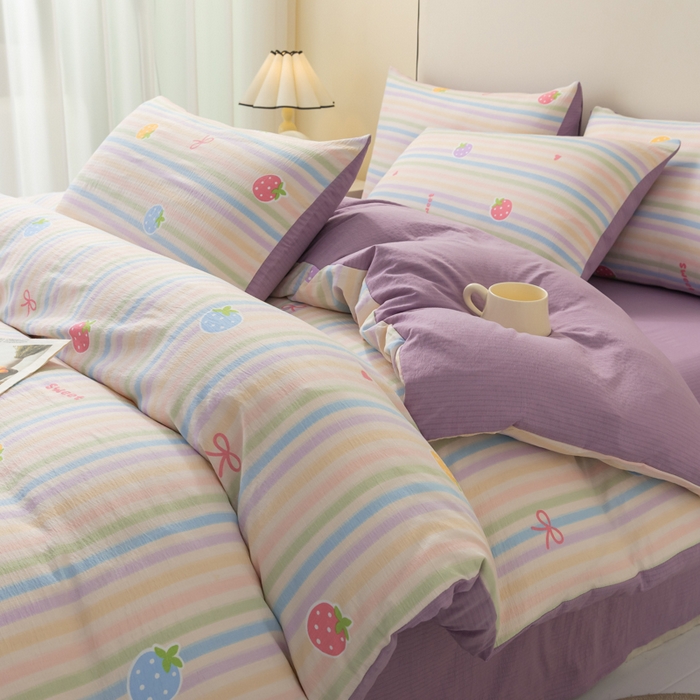 铭浩家纺 2026春夏新款云感双层皱皱纱四件套 草莓乐园