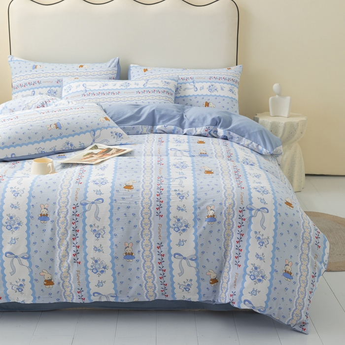 91家纺网 家纺一手货源 找家纺 铭浩家纺 2026春夏新款云感双层皱皱纱四件套 花兔信笺