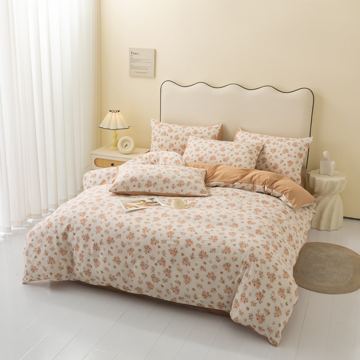 91家纺网 家纺一手货源 找家纺 铭浩家纺 2026春夏新款云感双层皱皱纱四件套 杏影花踪