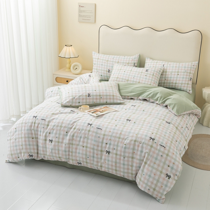 91家纺网 家纺一手货源 找家纺 铭浩家纺 2026春夏新款云感双层皱皱纱四件套 幸运格语