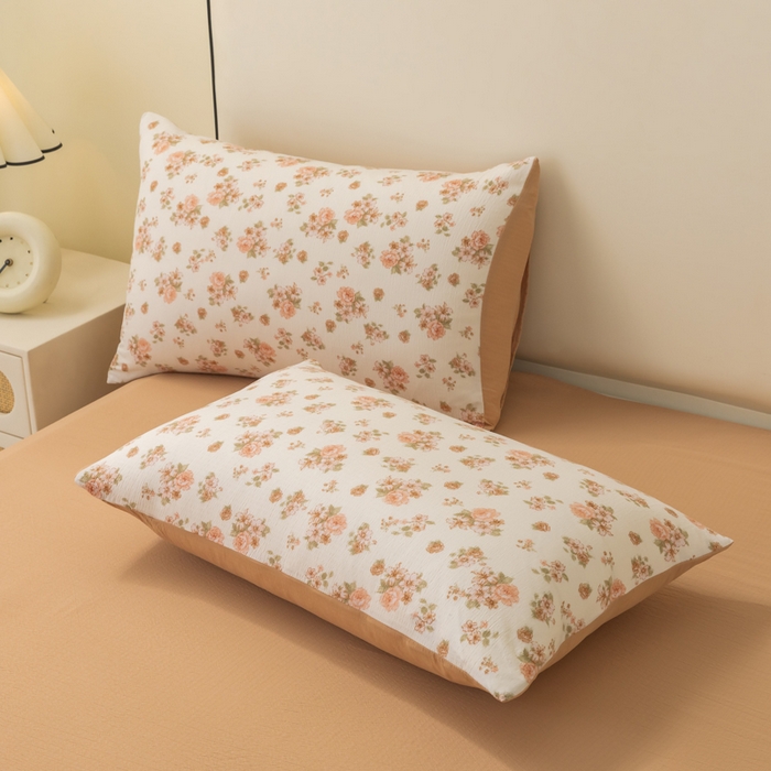 91家纺网 家纺一手货源 找家纺 铭浩家纺 2026春夏新款云感双层皱皱纱四件套 杏影花踪