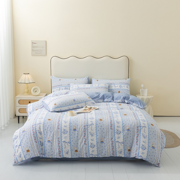 91家纺网 家纺一手货源 找家纺 铭浩家纺 2026春夏新款云感双层皱皱纱四件套 花兔信笺