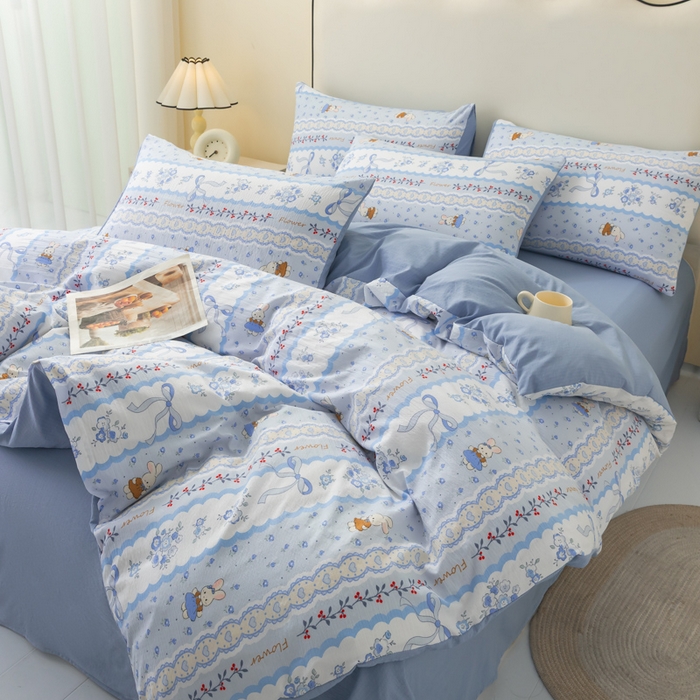 91家纺网 家纺一手货源 找家纺 铭浩家纺 2026春夏新款云感双层皱皱纱四件套 花兔信笺