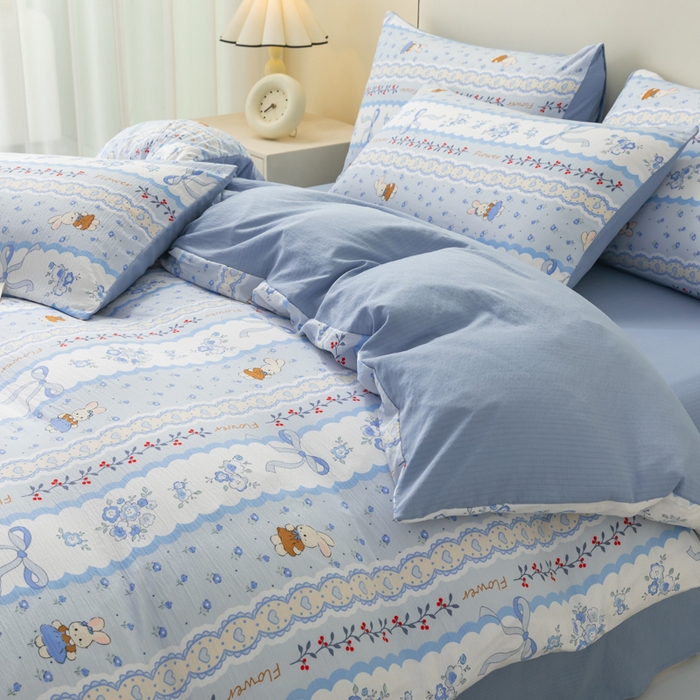 91家纺网 家纺一手货源 找家纺 铭浩家纺 2026春夏新款云感双层皱皱纱四件套 花兔信笺