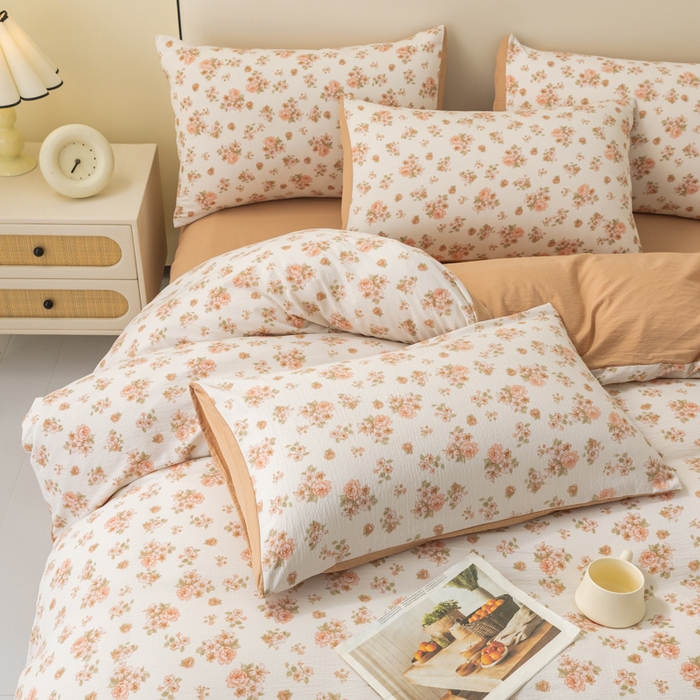 91家纺网 家纺一手货源 找家纺 铭浩家纺 2026春夏新款云感双层皱皱纱四件套 杏影花踪