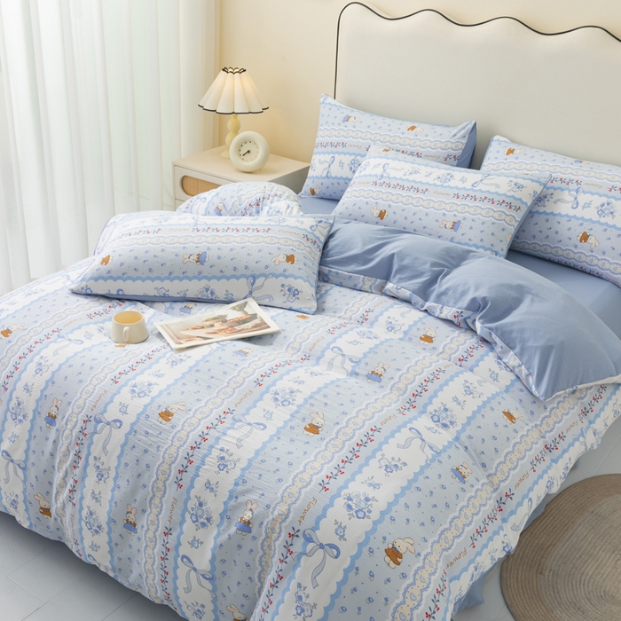 91家纺网 家纺一手货源 找家纺 铭浩家纺 2026春夏新款云感双层皱皱纱四件套 花兔信笺