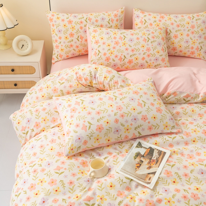 91家纺网 家纺一手货源 找家纺 铭浩家纺 2026春夏新款云感双层皱皱纱四件套 春日花野