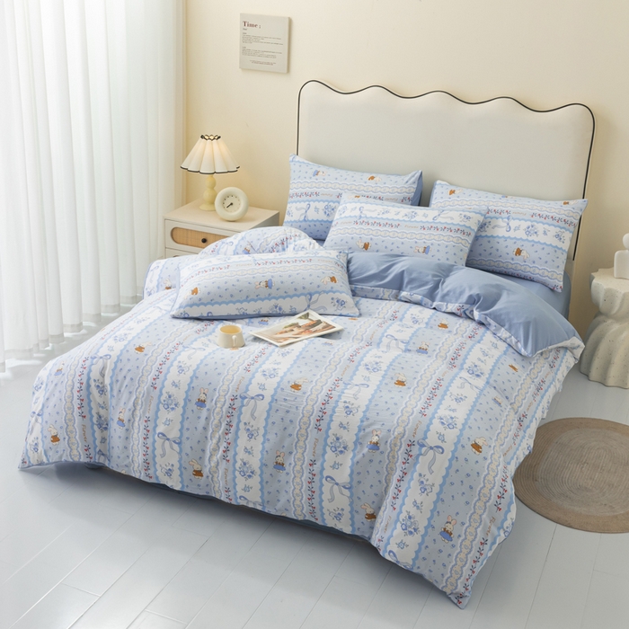 91家纺网 家纺一手货源 找家纺 铭浩家纺 2026春夏新款云感双层皱皱纱四件套 花兔信笺