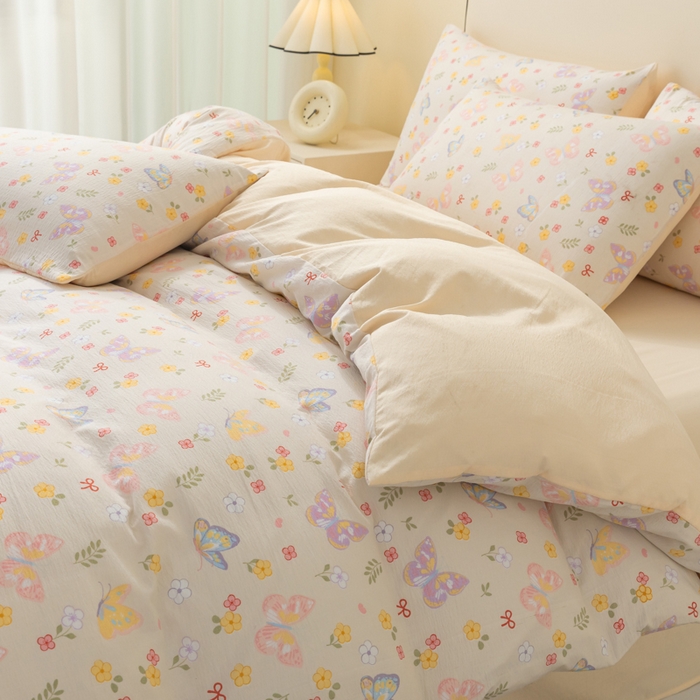 91家纺网 家纺一手货源 找家纺 铭浩家纺 2026春夏新款云感双层皱皱纱四件套 花间鲽语