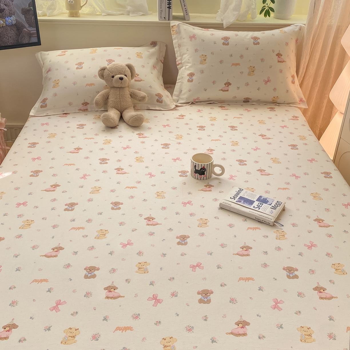 91家纺网 家纺一手货源 找家纺 女子家纺 2026新款全棉纯棉印花小清新系列单床笠单品床笠床笠单件 酷卡小狗