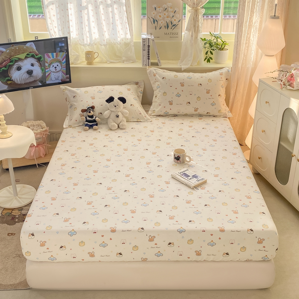 91家纺网 家纺一手货源 找家纺 女子家纺 2026新款全棉纯棉印花小清新系列单床笠单品床笠床笠单件 萌宠国度