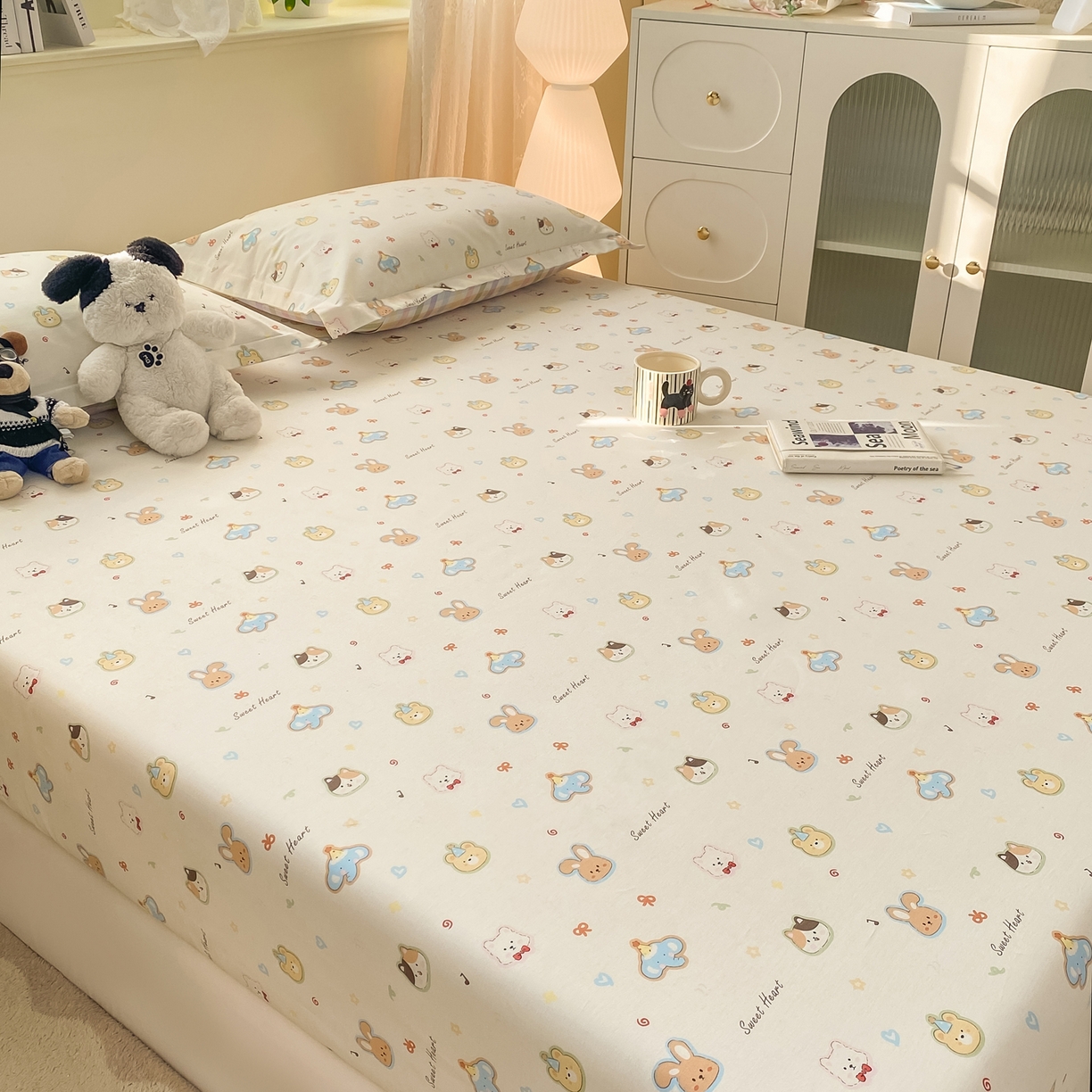 91家纺网 家纺一手货源 找家纺 女子家纺 2026新款全棉纯棉印花小清新系列单床笠单品床笠床笠单件 萌宠国度