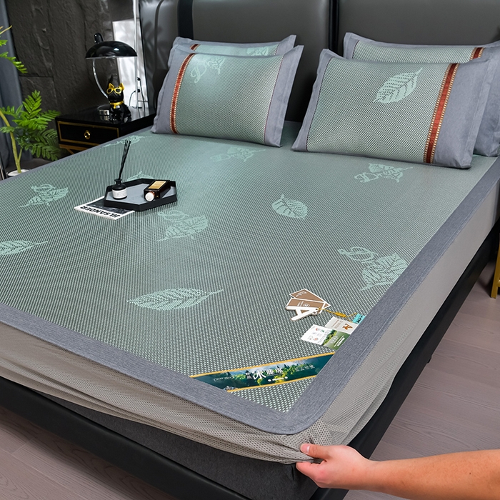 91家纺网 家纺一手货源 找家纺 小牛席业 202新款加厚款-叶语冰藤席系列（床笠款）凉席藤席冰藤席冰丝席竹席草席空调席乳胶席豆豆席 加厚款-叶语冰藤席系列床笠款-绿色