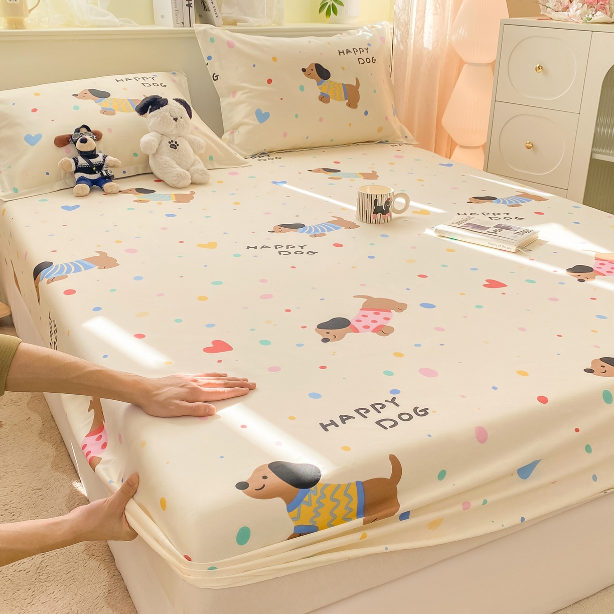 91家纺网 家纺一手货源 找家纺 女子家纺 2026新款全棉纯棉印花小清新系列单床笠单品床笠床笠单件 甜心汪星人