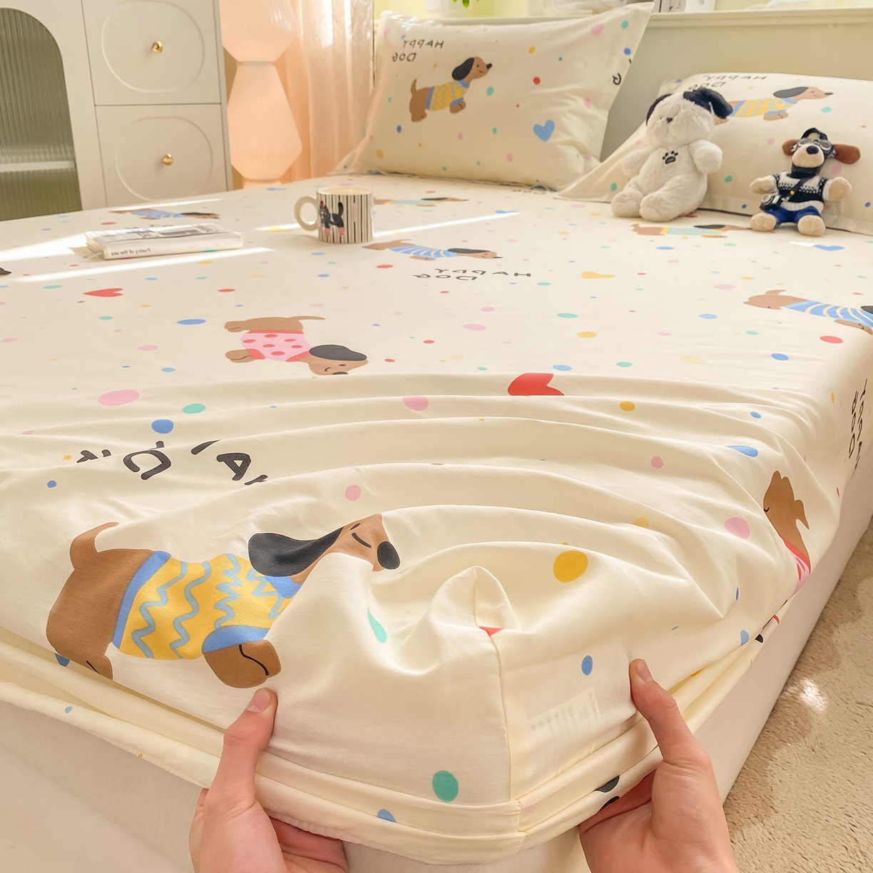 91家纺网 家纺一手货源 找家纺 女子家纺 2026新款全棉纯棉印花小清新系列单床笠单品床笠床笠单件 甜心汪星人