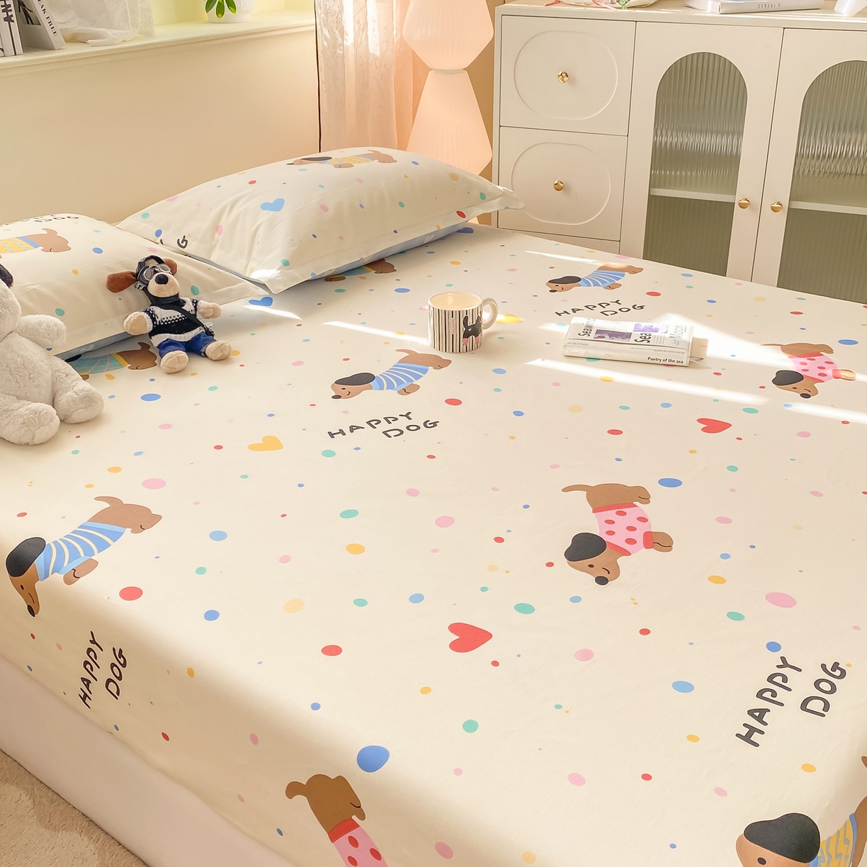 91家纺网 家纺一手货源 找家纺 女子家纺 2026新款全棉纯棉印花小清新系列单床笠单品床笠床笠单件 甜心汪星人