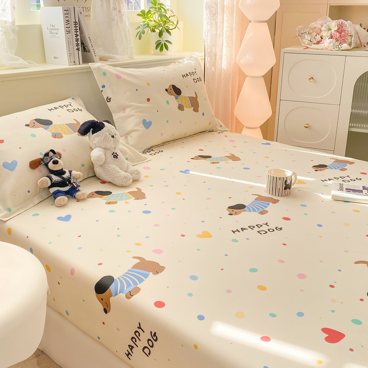 91家纺网 家纺一手货源 找家纺 女子家纺 2026新款全棉纯棉印花小清新系列单床笠单品床笠床笠单件 甜心汪星人