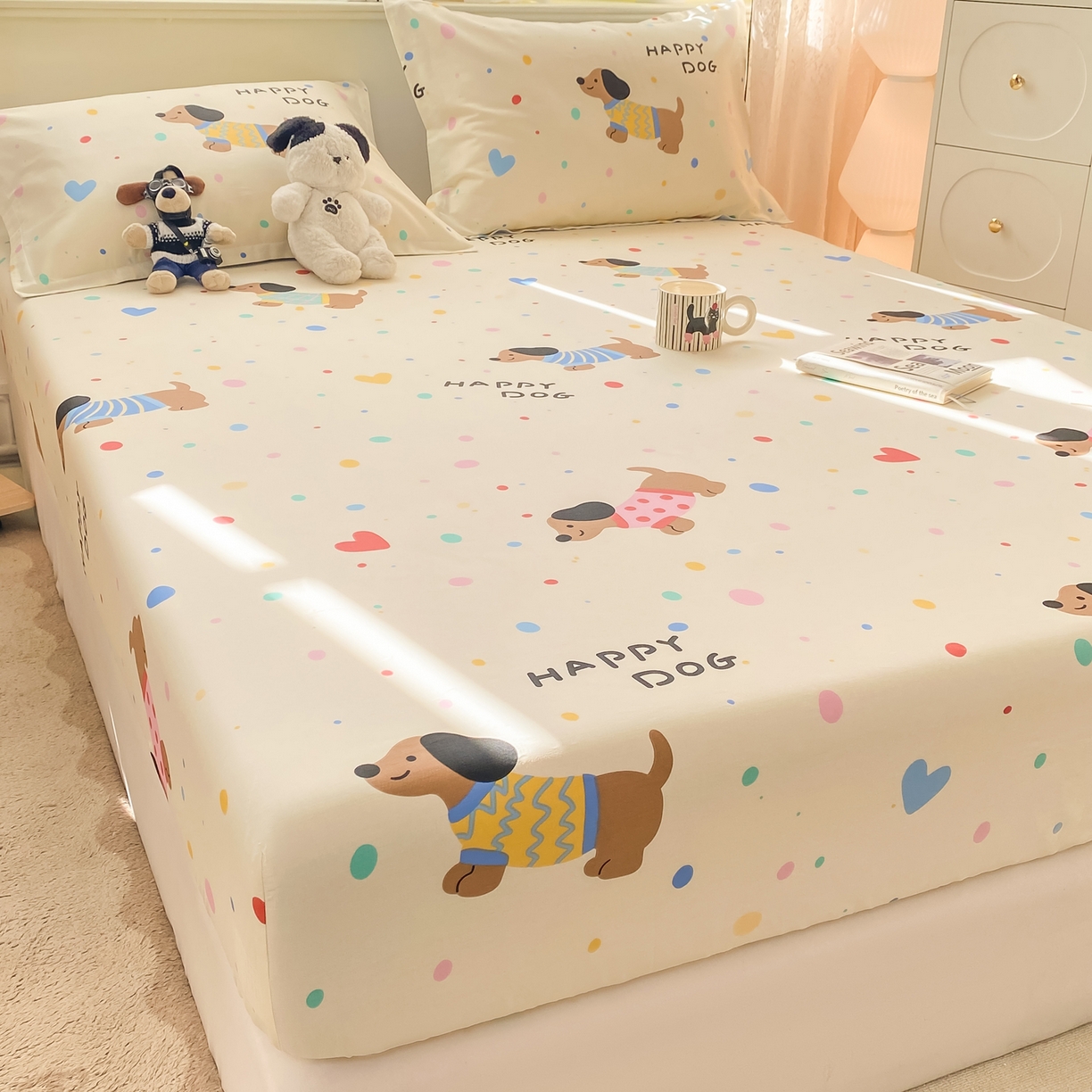 91家纺网 家纺一手货源 找家纺 女子家纺 2026新款全棉纯棉印花小清新系列单床笠单品床笠床笠单件 甜心汪星人