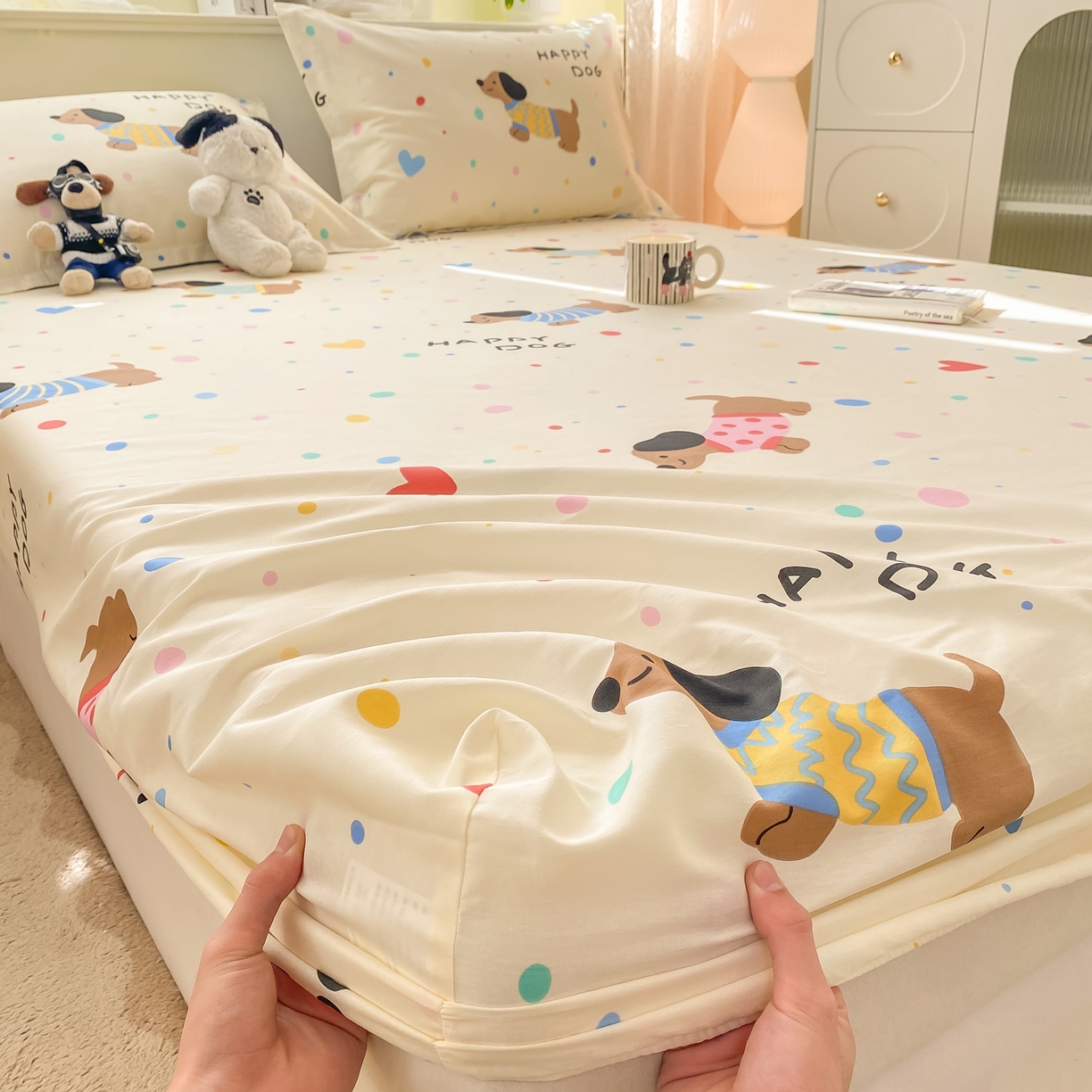 91家纺网 家纺一手货源 找家纺 女子家纺 2026新款全棉纯棉印花小清新系列单床笠单品床笠床笠单件 甜心汪星人