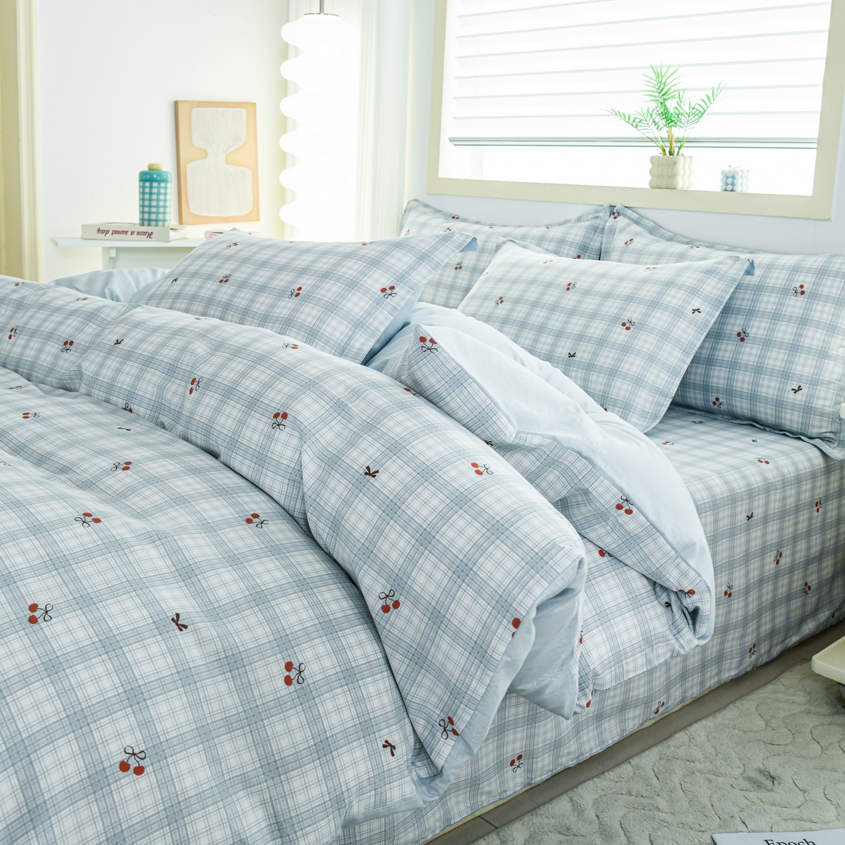 91家纺网 家纺一手货源 找家纺 缘舒家纺 2026新款全棉纯棉印花单被套被套单件 蓝格樱桃