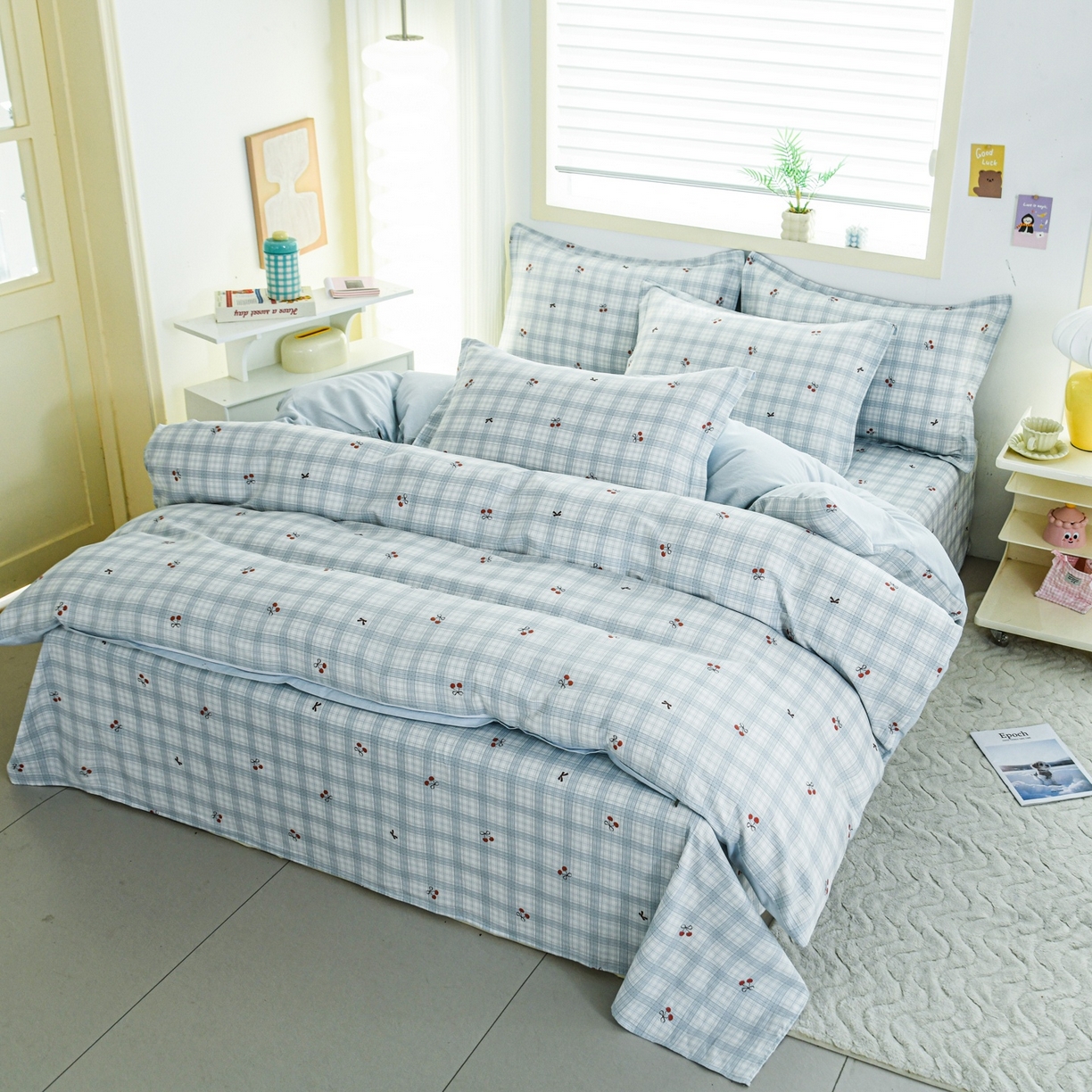 91家纺网 家纺一手货源 找家纺 缘舒家纺 2026新款全棉纯棉印花单被套被套单件 蓝格樱桃