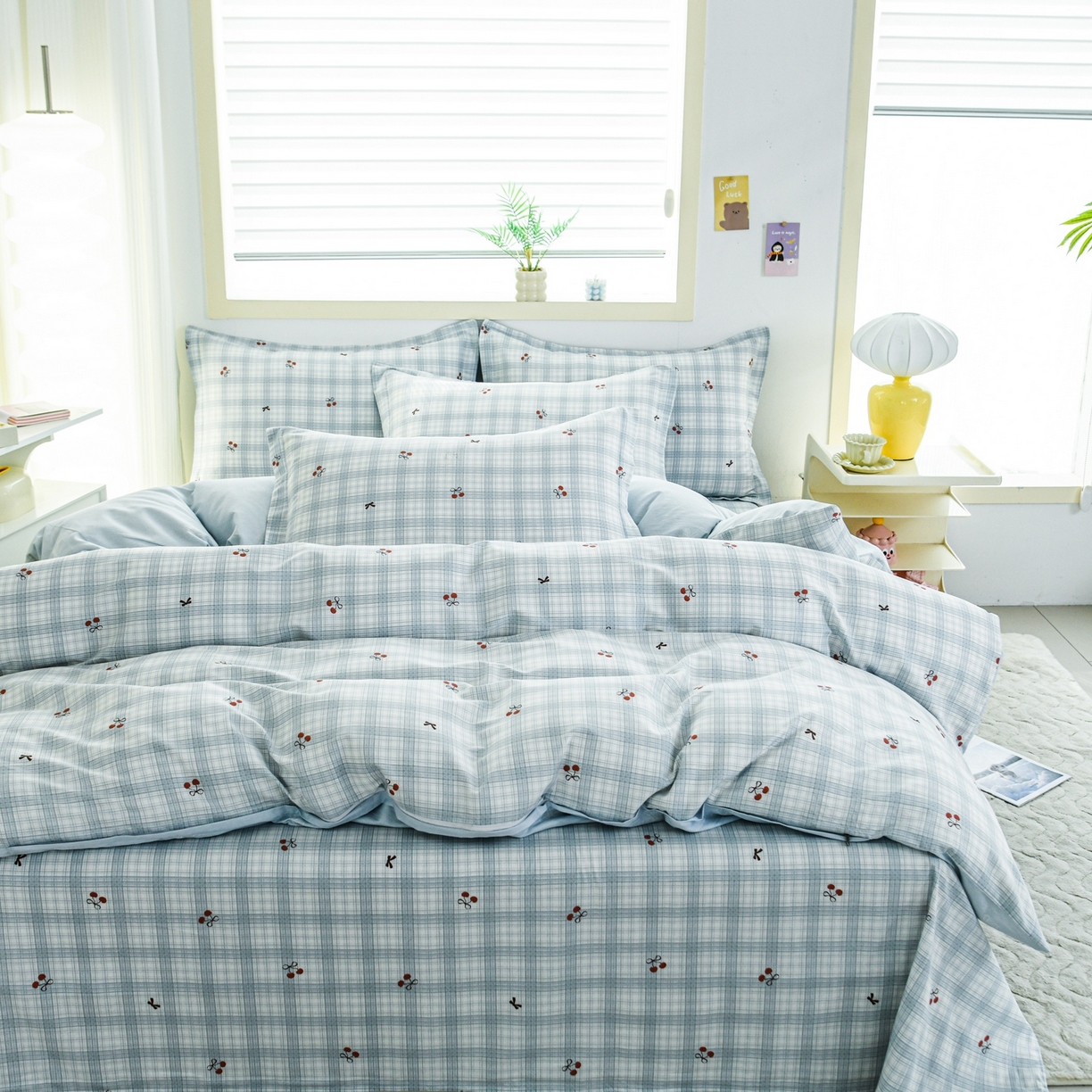 91家纺网 家纺一手货源 找家纺 缘舒家纺 2026新款全棉纯棉印花单被套被套单件 蓝格樱桃