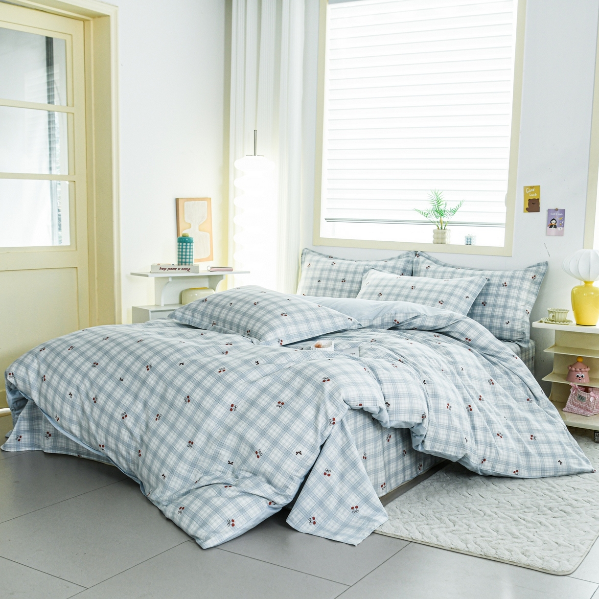 91家纺网 家纺一手货源 找家纺 缘舒家纺 2026新款全棉纯棉印花单被套被套单件 蓝格樱桃