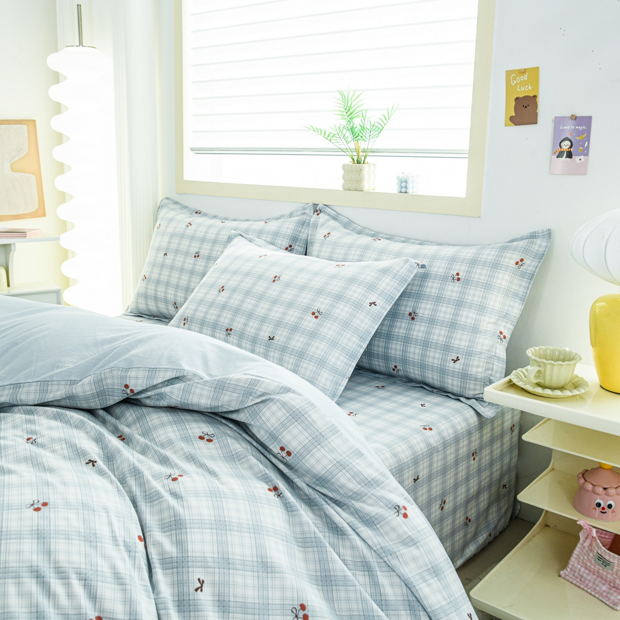 91家纺网 家纺一手货源 找家纺 缘舒家纺 2026新款全棉纯棉印花单被套被套单件 蓝格樱桃