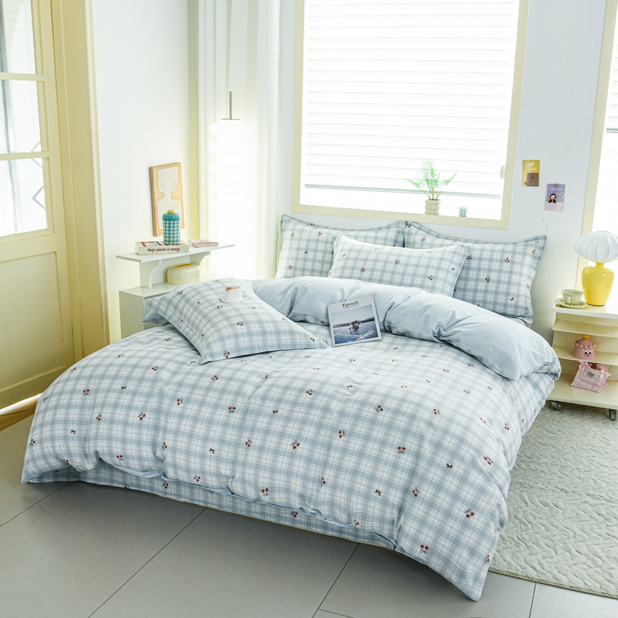 91家纺网 家纺一手货源 找家纺 缘舒家纺 2026新款全棉纯棉印花单被套被套单件 蓝格樱桃