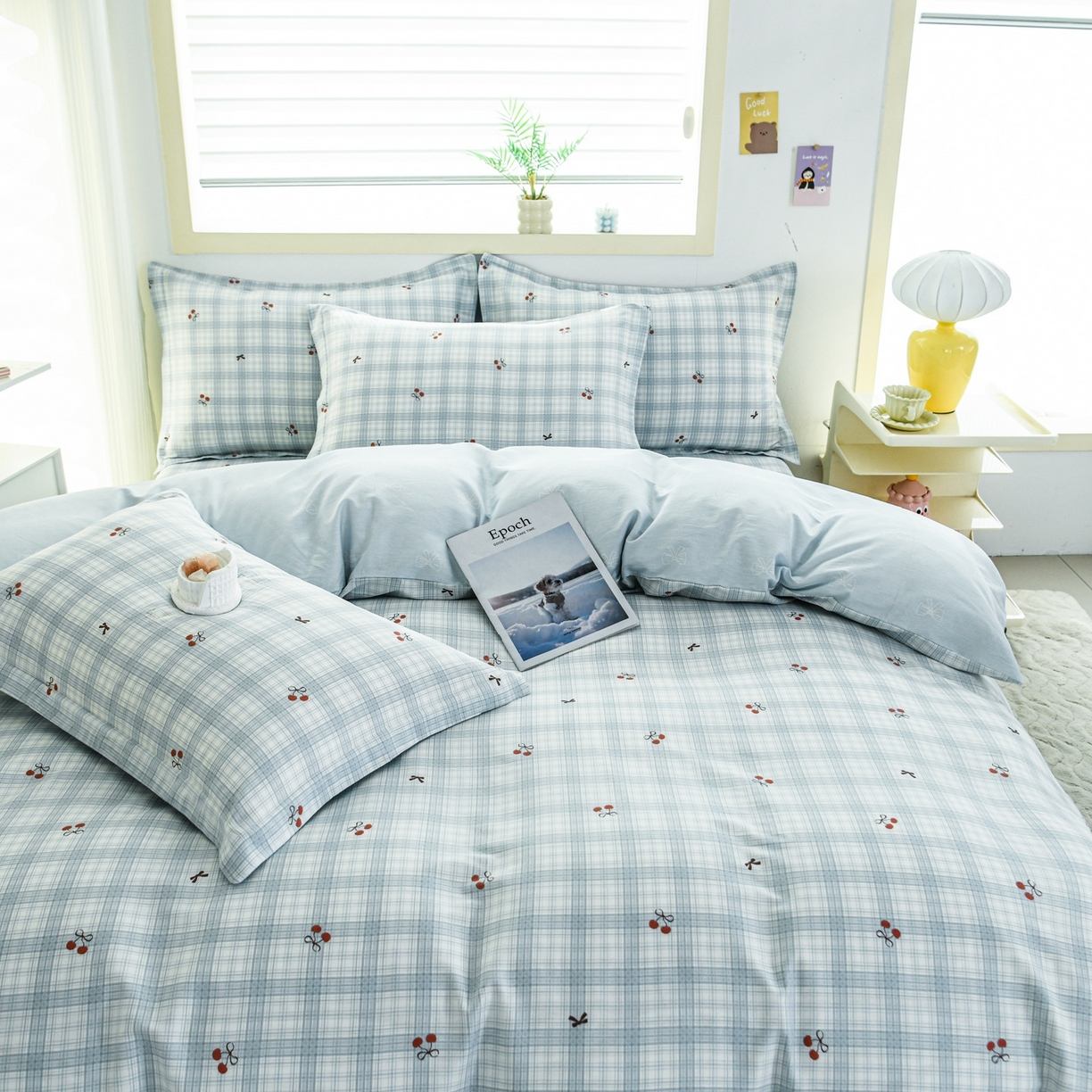 91家纺网 家纺一手货源 找家纺 缘舒家纺 2026新款全棉纯棉印花单被套被套单件 蓝格樱桃