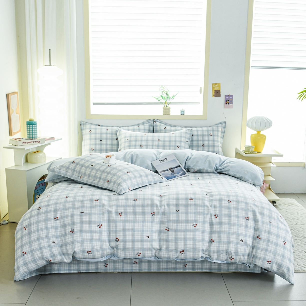 91家纺网 家纺一手货源 找家纺 缘舒家纺 2026新款全棉纯棉印花单被套被套单件 蓝格樱桃