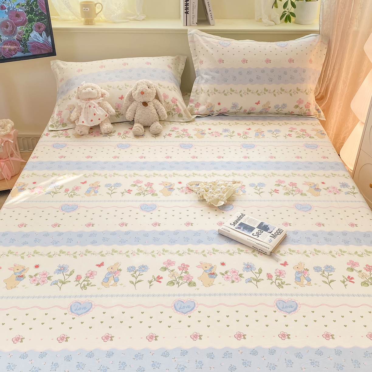 91家纺网 家纺一手货源 找家纺 女子家纺 2026新款全棉纯棉印花小清新系列单床笠单品床笠床笠单件 兔兔乐园