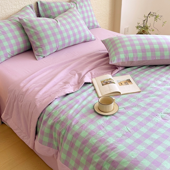 91家纺网 家纺一手货源 找家纺 宝士康家纺 2026新款10A抗菌无印风单夏被/夏被四件套 被子被芯 绿叶中格