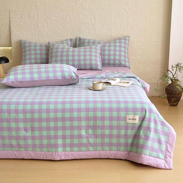 91家纺网 家纺一手货源 找家纺 宝士康家纺 2026新款10A抗菌无印风单夏被/夏被四件套 被子被芯 绿叶中格