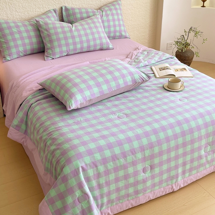 91家纺网 家纺一手货源 找家纺 宝士康家纺 2026新款10A抗菌无印风单夏被/夏被四件套 被子被芯 绿叶中格