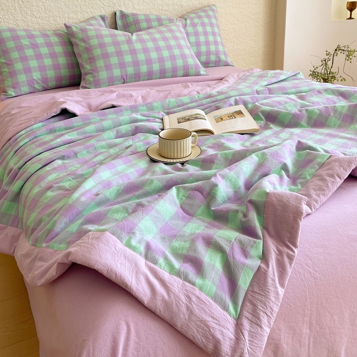 91家纺网 家纺一手货源 找家纺 宝士康家纺 2026新款10A抗菌无印风单夏被/夏被四件套 被子被芯 绿叶中格