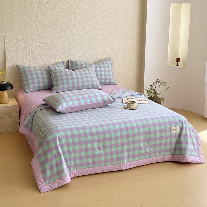 91家纺网 家纺一手货源 找家纺 宝士康家纺 2026新款10A抗菌无印风单夏被/夏被四件套 被子被芯 绿叶中格