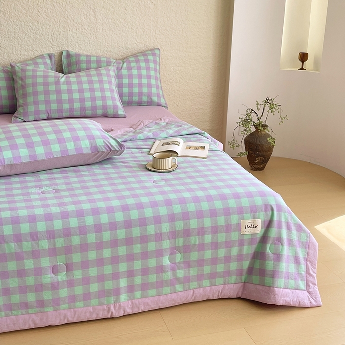 91家纺网 家纺一手货源 找家纺 宝士康家纺 2026新款10A抗菌无印风单夏被/夏被四件套 被子被芯 绿叶中格