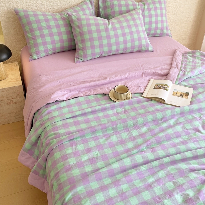 91家纺网 家纺一手货源 找家纺 宝士康家纺 2026新款10A抗菌无印风单夏被/夏被四件套 被子被芯 绿叶中格